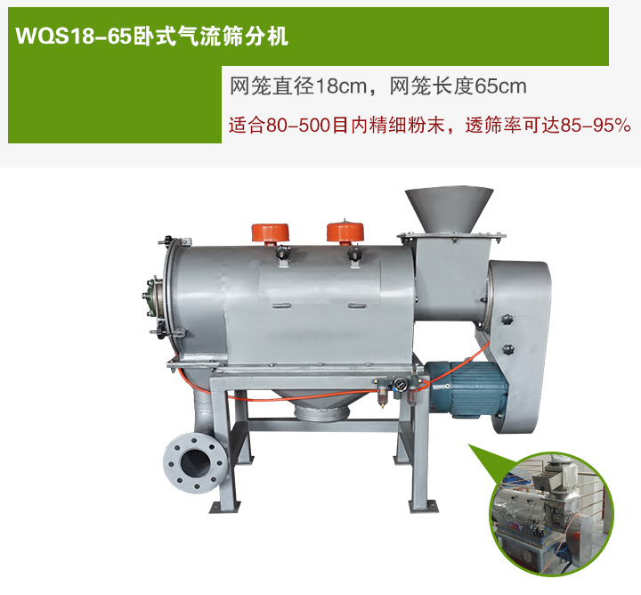 WQS18-65臥式氣流篩分機網(wǎng)籠直徑為18cm，網(wǎng)籠長度為65cm